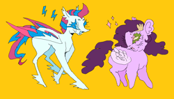 Size: 1020x578 | Tagged: safe, artist:larvaecandy, pipp petals, zipp storm, pegasus, pony, g5, duo, female, royal sisters (g5), siblings, simple background, sisters, yellow background