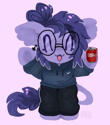 Size: 1149x1306 | Tagged: safe, artist:larvaecandy, oc, oc only, oc:vylet, pegasus, pony, clothes, commission, dr pepper, hoodie, leonine tail, pegasus oc, pink background, simple background, soda, solo, tail, ych result