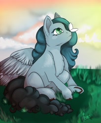 Size: 2500x3050 | Tagged: safe, artist:lunayourlife, oc, oc only, butterfly, pegasus, pony, female, green eyes, high res, looking up, mare, sitting, solo