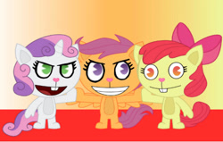 Size: 954x606 | Tagged: safe, artist:stevenracecars, apple bloom, scootaloo, sweetie belle, earth pony, pegasus, pony, unicorn, g4, crossover, cutie mark crusaders, gradient background, happy tree friends