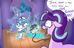 Size: 1413x928 | Tagged: safe, artist:jargon scott, starlight glimmer, trixie, pony, unicorn, g4, clothes, duo, electrocution, female, floppy ears, foil, mare, married with children, microwave, no ma'am, open mouth, s5 starlight, screaming, shirt, smiling, squatpony, t-shirt