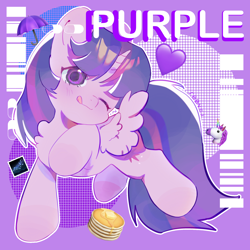 Size: 3500x3500 | Tagged: safe, artist:不可食用骨, part of a set, twilight sparkle, alicorn, pony, g4, ;p, chibi, cute, female, high res, horn, looking at you, mare, one eye closed, purple, raised hoof, smiling, smiling at you, solo, spread wings, tongue out, twiabetes, twilight sparkle (alicorn), wings, wink, winking at you
