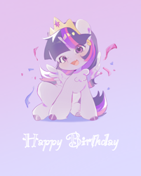 Size: 2282x2841 | Tagged: safe, artist:不可食用骨, twilight sparkle, alicorn, pony, g4, blushing, crown, cute, female, gradient background, happy birthday, high res, horn, jewelry, looking at you, mare, open mouth, open smile, regalia, sitting, smiling, smiling at you, solo, spread wings, text, twiabetes, twilight sparkle (alicorn), wings