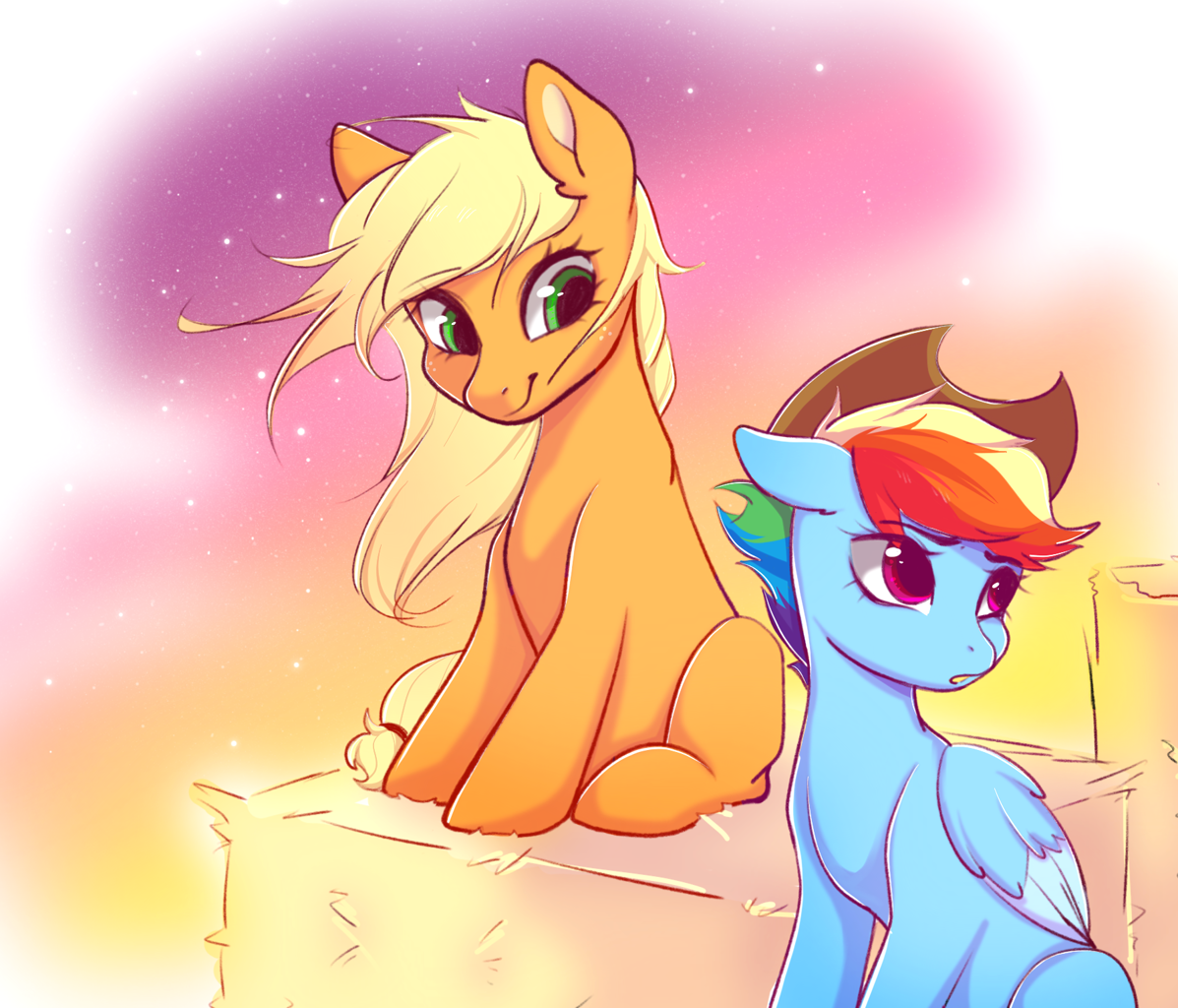 [accessory swap,applejack,applejack's hat,cowboy hat,duo,earth pony,eyebrows,female,freckles,g4,hat,lesbian,mare,pegasus,pony,rainbow dash,safe,shipping,sitting,wings,duo female,smiling,folded wings,eyebrows visible through hair,looking at someone,artist:树与猹,ship:appledash,artist:treeandtree]
