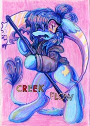 Size: 2048x2864 | Tagged: safe, artist:larvaecandy, oc, oc only, oc:creekflow, pegasus, pony, carousel (an examination of the shadow creekflow and its life as an afterthought), vylet pony, clothes, high res, hoodie, leonine tail, pegasus oc, scythe, solo, tail