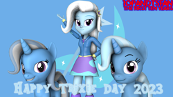 Size: 3840x2160 | Tagged: safe, artist:optimussparkle, trixie, equestria girls, g4, 3d, 3d model, blue background, boots, clothes, high res, hoodie, shirt, shoes, simple background, skirt, trixie day