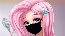 Size: 3840x2160 | Tagged: safe, artist:racoonsan, edit, editor:brokenadam, fluttershy, human, equestria girls, g4, blushing, bust, butterfly hairpin, coronavirus, covid-19, cropped, face mask, female, high res, looking at you, mask, portrait, solo, whisk