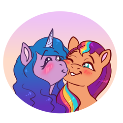 Size: 1500x1500 | Tagged: safe, artist:miyalaflordorada, izzy moonbow, sunny starscout, earth pony, pony, unicorn, g5, blush lines, blushing, bust, cheek kiss, cute, eyebrows, eyebrows visible through hair, eyes closed, female, heart, heart eyes, kissing, lesbian, mane stripe sunny, mare, ship:moonscout, shipping, simple background, smiling, white background, wingding eyes