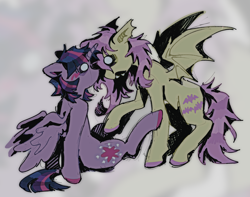 Size: 1850x1461 | Tagged: safe, artist:girl-bug 925, fluttershy, twilight sparkle, alicorn, bat pony, pony, g4, bat ponified, blank eyes, blush scribble, blushing, colored hooves, duo, ears back, fangs, female, flutterbat, gray background, lesbian, looking at each other, looking at someone, mare, messy hair, messy mane, messy tail, open mouth, race swap, raised hoof, sharp teeth, ship:twishy, shipping, simple background, sitting, spread wings, standing, tail, teeth, twilight sparkle (alicorn), wings