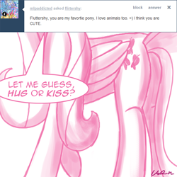 Size: 1000x1000 | Tagged: dead source, safe, artist:flirtershy, fluttershy, pegasus, pony, g4, ask, butt, dialogue, female, flutterbutt, head out of frame, mare, monochrome, plot, simple background, solo, tumblr, white background