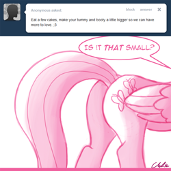 Size: 1000x1000 | Tagged: dead source, safe, artist:flirtershy, fluttershy, pegasus, pony, g4, ask, butt, butt only, butt tail, female, flutterbutt, head out of frame, implied weight gain, mare, monochrome, plot, simple background, solo, tumblr, white background