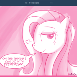 Size: 1000x1000 | Tagged: dead source, safe, artist:flirtershy, fluttershy, pegasus, pony, g4, bedroom eyes, dialogue, female, flirting, heart, looking at you, mare, monochrome, smiling, smiling at you, solo