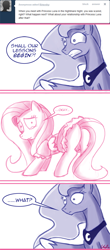 Size: 440x1000 | Tagged: dead source, safe, artist:flirtershy, fluttershy, princess luna, alicorn, pegasus, pony, g4, luna eclipsed, ask, butt, clothes, comic, confused, dialogue, dress, female, lesbian, maid, mare, missing cutie mark, plot, presenting, ship:lunashy, shipping, simple background, teary eyes, tumblr, white background