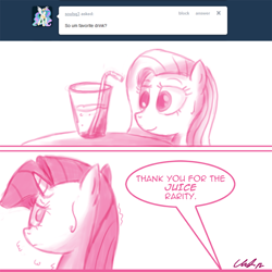 Size: 1000x1000 | Tagged: dead source, safe, artist:flirtershy, fluttershy, rarity, pegasus, pony, unicorn, g4, 2 panel comic, ask, comic, dialogue, drink, drinking straw, duo, duo female, female, glass, lesbian, looking back, mare, monochrome, nervous sweat, nose wrinkle, ship:flarity, shipping, simple background, tumblr, white background