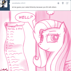 Size: 1000x1000 | Tagged: dead source, safe, artist:flirtershy, fluttershy, pegasus, pony, g4, ask, dialogue, female, lidded eyes, list, looking at you, mare, monochrome, scroll, smiling, smiling at you, solo, tumblr