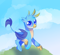 Size: 1940x1780 | Tagged: safe, artist:aureate serene, derpibooru exclusive, gallus, griffon, g4, big eyes, cloud, countershading, grass, grass field, green sky, happy, hill, joy, male, purple eyes, younger gallus