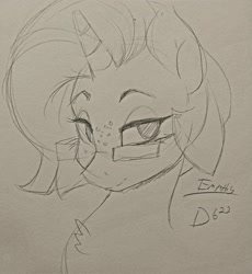 Size: 1886x2048 | Tagged: safe, artist:thelunarmoon, oc, oc only, oc:empathy, pony, unicorn, bust, female, freckles, glasses, lidded eyes, looking at you, mare, monochrome, solo, traditional art