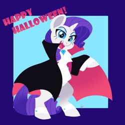 Size: 4000x4000 | Tagged: safe, artist:fizzlefer, rarity, pony, unicorn, g4, bipedal, cape, clothes, costume, fangs, female, halloween, halloween costume, happy halloween, holiday, looking at you, mare, open mouth, open smile, smiling, smiling at you, solo, vampire costume