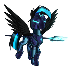 Size: 5500x5200 | Tagged: safe, artist:dacaoo, oc, oc only, oc:nightlight aura, pegasus, pony, armor, commission, crystal, drawing, helmet, high quality, latex, latex suit, lightning, mind control, rubber drone, simple background, solo, spear, storm guard, transparent background, weapon, wings