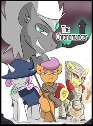 Size: 754x1024 | Tagged: safe, artist:kingkrail, apple bloom, scootaloo, sweetie belle, oc, oc:the chronomancer, earth pony, pegasus, pony, unicorn, fanfic:the chronomancer, g4, alternate universe, armor, cape, castle, clothes, crown, cutie mark crusaders, facial hair, fanfic, fanfic art, fanfic cover, fantasy, goatee, hat, jewelry, looking at you, looking up, regalia, scarf, snow, staff, sword, weapon, white mane, witch hat