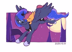 Size: 2586x1860 | Tagged: safe, artist:mekab_d, princess luna, scootaloo, alicorn, pegasus, pony, g4, cute, cutealoo, duo, eyes closed, female, filly, flying, foal, full moon, looking at each other, looking at someone, lunabetes, mare, moon, open mouth, open smile, ponies riding ponies, riding, scootaloo riding luna, scootalove, smiling, spread wings, wings