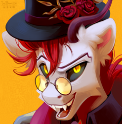 Size: 2448x2480 | Tagged: safe, artist:teaflower300, oc, oc only, pony, black sclera, clothes, eyebrows, fangs, glasses, hat, high res, horns, male, raised eyebrow, solo, stallion