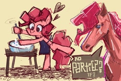 Size: 2438x1640 | Tagged: safe, artist:meowmeows, pinkie pie, earth pony, pony, g4, apron, bipedal, clothes, cooking, crying, dialogue, female, heart, hoers, mare, meme, no bitches?, solo, speech bubble