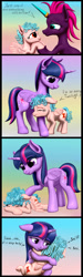 Size: 539x1800 | Tagged: safe, artist:vasillium, cozy glow, fizzlepop berrytwist, tempest shadow, twilight sparkle, alicorn, pegasus, pony, unicorn, g4, a better ending for cozy, artificial horn, child, comic, crying, cute, female, filly, foal, good end, gradient background, hoof hold, hug, mama twilight, mare, text, twilight sparkle (alicorn)