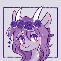 Size: 2000x2000 | Tagged: safe, artist:meowmeows, oc, oc only, pony, abstract background, blushing, bust, commission, female, floral head wreath, flower, heart, high res, horns, mare