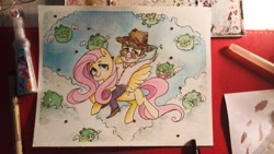 Size: 1920x1080 | Tagged: safe, artist:meowmeows, fluttershy, human, pegasus, pig, pony, g4, angry birds, clothes, cloud, crossover, duo, female, flying, green pig, hat, irl, male, mare, minion pig, pants, photo, riding, riding a pony, shirt, sunglasses, traditional art, watercolor painting