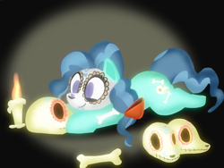 Size: 2200x1650 | Tagged: safe, artist:kushina13, petunia paleo, earth pony, pony, g4, candle, catrina (calavera garbancera), dia de los muertos, female, filly, foal, lying down, prone, skull, smiling, solo, sploot