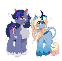 Size: 3428x3360 | Tagged: safe, artist:焰心fireworks, oc, oc:lenka, kirin, pegasus, pony, cheek fluff, chest fluff, colored ear fluff, colored eartips, colored wings, colored wingtips, duo, ear fluff, ear tufts, facial markings, folded wings, freckles, high res, looking at you, male, pale belly, simple background, stallion, standing, two toned wings, unshorn fetlocks, white background, wings