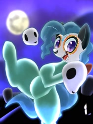 Size: 1650x2200 | Tagged: safe, artist:kushina13, petunia paleo, earth pony, pony, g4, bipedal, catrina (calavera garbancera), dia de los muertos, face paint, female, filly, foal, full moon, hoof hold, looking at you, moon, open mouth, open smile, skull, smiling, smiling at you, solo, standing, standing on one leg