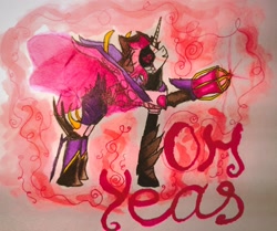 Size: 3476x2906 | Tagged: safe, artist:mettaton, oc, alicorn, pony, robot, blaster, clothes, high res, marker drawing, mettaton, one eyed, raised hoof, shoes, spikes, spread wings, traditional art, undertale, wings