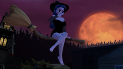 Size: 5120x2880 | Tagged: safe, artist:mr-wolfapex, twilight sparkle, equestria girls, g4, 3d, barefoot, breasts, broom, busty twilight sparkle, feet, floating, flying, flying broomstick, gmod, halloween, hat, holiday, moon, night, sexy, solo, thinking, witch, witch hat