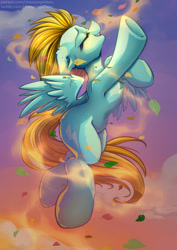 Size: 935x1323 | Tagged: safe, artist:chaosangeldesu, lightning dust, pegasus, pony, g4, autumn, cloud, commission, cute, dustabetes, eyes closed, flying, leaves, open mouth, signature, sky, smiling, solo, spread wings, wings