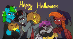 Size: 1776x958 | Tagged: safe, artist:sonyager, oc, oc only, pegasus, pony, unicorn, clothes, colt, costume, female, halloween, halloween costume, holiday, male, pumpkin, scared