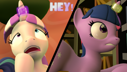 Size: 3840x2160 | Tagged: safe, artist:olkategrin, twilight sparkle, twilight velvet, pony, unicorn, comic:no moaning in the library, g4, 3d, bent over, book, bookshelf, butt, comic, daughter, dialogue, english, female, golden oaks library, gritted teeth, half-closed eyes, heterochromia, high res, large butt, levitation, looking at self, looking at something, looking up, magic, magic aura, magic suppression, mare, mother and child, mother and daughter, open mouth, room, scared, screaming, sitting, source filmmaker, split screen, standing, surprised, tail, tail aside, talking, teeth, telekinesis, text, two sides