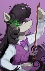 Size: 1879x2996 | Tagged: safe, artist:astralblues, octavia melody, earth pony, pony, g4, bow, bow (instrument), bowtie, clothes, disguise, disguised changeling, equestria girls outfit, eyebrows, fangs, female, high res, implied changeling, looking at you, mare, octavia's bowtie, profile, raised hoof, simple background, solo, underhoof