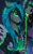 Size: 1879x2996 | Tagged: safe, artist:astralblues, queen chrysalis, changeling, changeling queen, g4, bow, bow (instrument), clothes, eyebrows, fangs, female, fire, green fire, high res, horn, implied octavia melody, looking at you, magic, profile, raised hoof, simple background, smiling, smiling at you, solo, underhoof