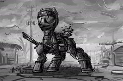 Size: 2000x1320 | Tagged: safe, artist:uteuk, earth pony, pony, armor, black and white, grayscale, knife, monochrome, solo, stalcraft, weapon