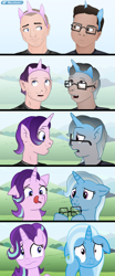 Size: 1239x2974 | Tagged: safe, artist:axiomtf, starlight glimmer, trixie, human, pony, unicorn, g4, bust, character to character, comic, duo, female, glasses, human male, human to pony, light skin, male, male to female, mare, moderate dark skin, show accurate, transformation, transformation sequence, transgender transformation
