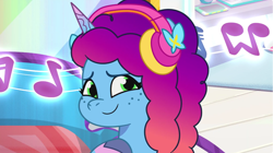 Size: 3300x1847 | Tagged: safe, screencap, misty brightdawn, pony, unicorn, g5, misty moves in, my little pony: tell your tale, spoiler:g5, spoiler:my little pony: tell your tale, coat markings, cute, female, freckles, headphones, hoof on chest, mare, mistybetes, music notes, rebirth misty, smiling, socks (coat markings), solo, unshorn fetlocks