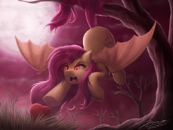 Size: 3200x2400 | Tagged: safe, artist:novaintellus, fluttershy, bat pony, pony, g4, apple, bat ponified, bat wings, eyebrows, fangs, female, flutterbat, food, full moon, high res, looking at something, mare, moon, open mouth, outdoors, prehensile tail, race swap, signature, slit pupils, solo, spread wings, tail, tree, underhoof, wings