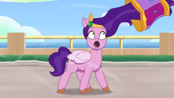 Size: 3072x1727 | Tagged: safe, screencap, pipp petals, pegasus, pony, g5, my little pony: tell your tale, very bad hair day, spoiler:g5, spoiler:my little pony: tell your tale, :o, female, mare, messy mane, open mouth, solo, wind