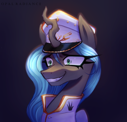 Size: 2424x2326 | Tagged: source needed, safe, artist:opal_radiance, queen chrysalis, changeling, equestria at war mod, g4, clothes, hat, high res, simple background, solo, uniform