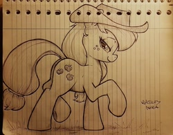 Size: 1437x1118 | Tagged: safe, artist:whiskeypanda, applejack, earth pony, pony, g4, applejack's hat, aside glance, butt, cowboy hat, hat, ink drawing, lined paper, looking at you, plot, signature, sketch, solo, stetson, traditional art