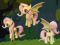 Size: 1280x960 | Tagged: safe, artist:temporal333, artist:xinef, derpibooru exclusive, fluttershy, bat pony, pony, g4, 3d print, bat ponified, collage, craft, everfree forest, fangs, female, figurine, flutterbat, irl, mare, photo, race swap, sculpture, solo, spread wings, wings