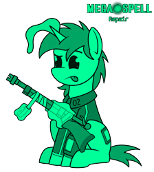 Size: 4300x4800 | Tagged: safe, artist:dacaoo, oc, oc only, oc:littlepip, pony, unicorn, fallout equestria, megaspell (game), absurd resolution, clothes, jumpsuit, monochrome, pip-pony, pipbuck, simple background, tape, tongue out, transparent background, vault suit, weapon