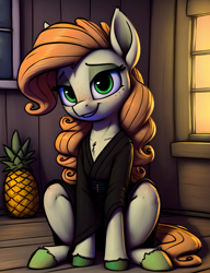 Size: 1280x1664 | Tagged: safe, ai assisted, ai content, artist:darbarri, derpibooru exclusive, oc, oc only, oc:anna pine, earth pony, pony, clothes, curly hair, food, hooves, kimono (clothing), lidded eyes, looking at you, pineapple, sitting, smiling